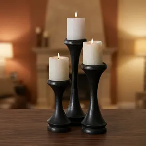 Modern Black Wooden <b>Nesting</b> <b>Candle</b> Holder Set of 3 Minimalist Design for Dining Table Home Decor - Product Image 6