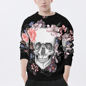 T-shirt à manches longues pour homme, col rond, imprimé floral crâne, décontracté, en polyester tricoté - Product Image 1