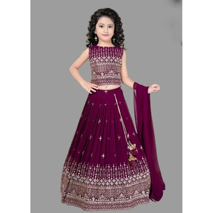 DESGASTE DE BODA GEORGETTE BORDADO SECUENCIA TRABAJO KID LEHENGA CHOLI CON VINO DUPATTA - Product Image 1