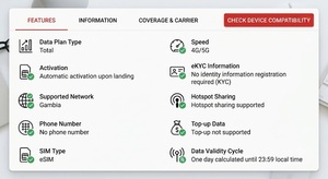 Tarjeta SIM de datos para viajes en Gambia, 2GB por 15 días o 3GB por 30 días, Internet 4G prepago con activación instantánea por código QR - Product Image 2