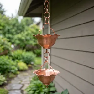 Chaîne de pluie décorative en cuivre artisanale pour gouttière, évacuation des eaux de pluie extérieure, décoration suspendue pour jardin - Product Image 3