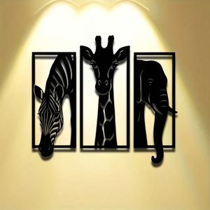 CIFbuy Set di 3 decorazioni da parete in metallo con vernice a forno, decorazioni con animali africani, zebra, giraffa, elefante, per decorazioni per la casa - Product Image 4