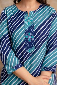 Premium Blue 60x60 Cotton Skirt and Short <b>Kurti</b> Set with Leheriya Print Flared Maxi Skirt and Matching Dupatta <b>for</b> <b>Women</b> - Product Image 3