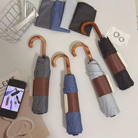 Parapluie compact pliable en 3 sections, avec poignée en bois courbée rétro, protection UPF50, double usage soleil/pluie, 8 baleines, revêtement noir, pour femme, marque OEM