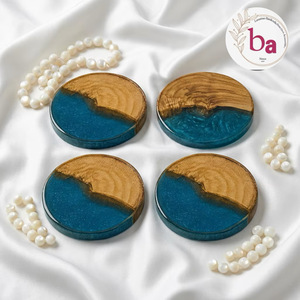 Ba Wood Resin Classic Eco-Friendly Durable Coaster Set <b>Round</b> Handmade Blue and Natural Finish 4 Piece <b>Mats</b> & Pads - Product Image 1