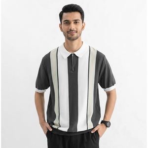 เสื้อยืดแขนสั้นผ้าฝ้ายถักคุณภาพสูง 100% สำหรับผู้ชาย พิมพ์ลายโลโก้ดิจิทัลตามสั่ง ทรงหลวม ซิปครึ่งตัว - Product Image 3
