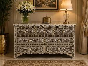 Commode en bois de style arabe moderne et luxueux avec incrustations en os noir, tiroirs pour chambre à coucher, salon, meubles de maison, cuisine - Product Image 4