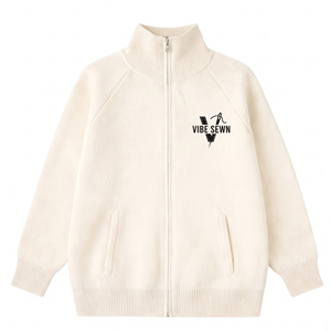Cardigan en tricot crème pour homme VIBE SEWN, fermeture éclair intégrale, col roulé, manches régulières, couleur unie, vêtement d'hiver anti-boulochage - Product Image 1