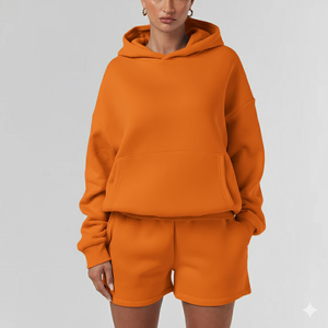 Conjunto de Sudadera con Capucha y Pantalones Cortos de Dos Piezas para Mujer, de Algodón, Casual, Sólido, de Invierno, Personalizado - Product Image 6