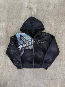 **Custom Rhinestone Graphic Zip Hoodie Acid Wash Streetwear Hoodie Heavyweight Cotton Hoodie with Mixed Media Print OEM Hoodies - Product Image 1