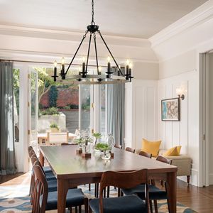 Lampadario Rustico a 10 Luci Stile Fattoria da 32 Pollici, Lampada a Sospensione in Metallo Nero e Legno per Sala da Pranzo e Soggiorno - Product Image 5