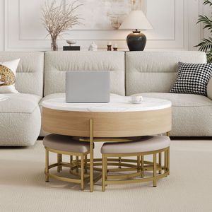 Modern <b>Round</b> Lift Top Coffee <b>Table</b> with Storage 3 <b>White</b> and Natural Ottoman <b>White</b> and Natural Color - Product Image 3