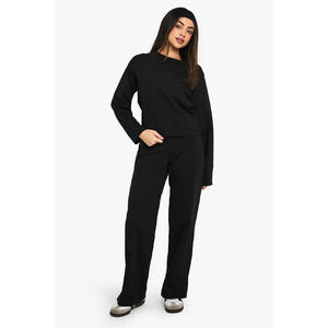Women's Black 2-Piece Knitted <b>Set</b> Long <b>Sweater</b> Wide Leg Pants Casual Loose Fit Full Length Solid Color Summer Eco-friendly - Product Image 3