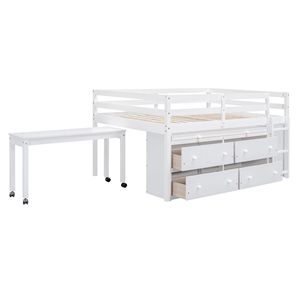 Letto a Soppalco in Legno Bianco con Scrivania Retrattile e 4 Cassetti, Mensole Laterali Portatili per Bambini - Product Image 6