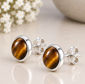 Tiger Eye <b>Silver</b> <b>Stud</b> <b>Earrings</b>, Natural Tiger Eye Gemstone <b>Earrings</b>, 925 Sterling <b>Silver</b> Round <b>Studs</b>, Golden Brown Jewelry - Product Image 1