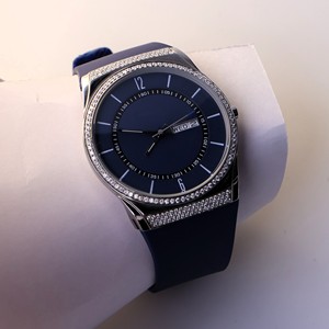Blue Dial Quartz Luxury Fashion Stainless Steel <b>Watch</b> <b>Diamond</b> Inlaid Round Case Date Display Wristwatch for Business Gift - Product Image 1