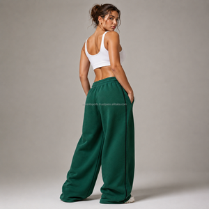 Private Label Custom Women's Relaxed Fit <b>Wide</b> <b>Leg</b> Flat Front High Waist <b>Lounge</b> <b>Pants</b> Cotton Blend Fleece 480 GSM Custom Logo Gym - Product Image 2