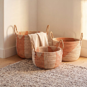 Panier de rangement en jonc de mer tressé à la main, organisateur rond avec poignées, panier à linge tissé, durable, fournisseur OEM en gros, B2B, en vrac - Product Image 3