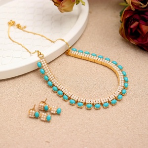 Turquoise and Pearl <b>Necklace</b> Set Oval Gemstone 22K Gold Plated Brass Adjustable Bridal Jewelry for Women - Product Image 3