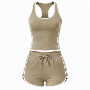 Ensemble de sport deux pièces pour femmes, débardeur sans manches et short, couleur unie, bande latérale, respirant, tricoté, tenue sportive printemps été - Product Image 1