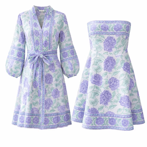 Robe d'été décontractée pour femme en coton, sans bretelles, style bohème, à imprimé floral et léopard, coupe trapèze, taille naturelle, idéale pour la plage - Product Image 1