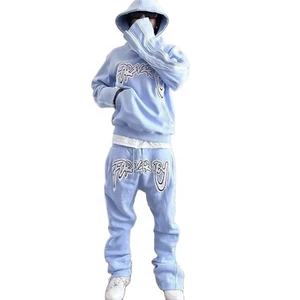 ชุดวอร์มสองชิ้นวินเทจของผู้ชายกางเกงบานและเสื้อสวมหัวมีฮู้ดดี้ซีดฝนกรดผ้ากำมะหยี่ปักสไตล์ลำลอง - Product Image 1