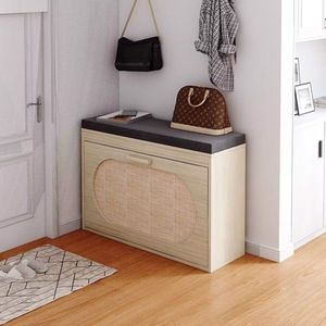 Panca Portascarpe in Rattan con Cassetto Ribaltabile e Cuscino - Product Image 2