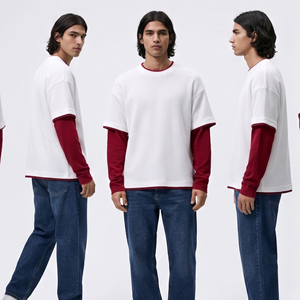 T-shirt gaufré oversize à col rond pour homme, style streetwear, à manches longues - Product Image 4