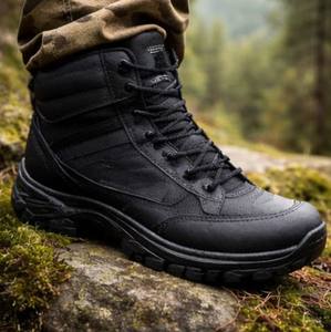 Bottes de travail en cuir pour hommes, à lacets, coupe large, style tactique, chaussures de travail d'extérieur, noir et sable - Product Image 4