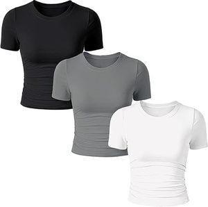 Camisetas Aura Basics para Mujer, Cuello Redondo, Manga Corta, Ropa de Verano, Camisetas Ajustadas, Tops Básicos Cortos - Product Image 1