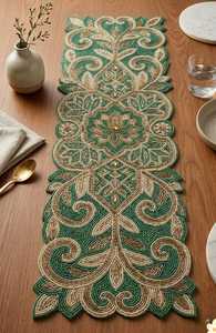 Handmade Luxury Oriental Beaded Fabric Adjustable Eco-Friendly 5mm Thickness Table <b>Runner</b> Rectangle <b>Green</b> Gold Floral Mats Pad - Product Image 1