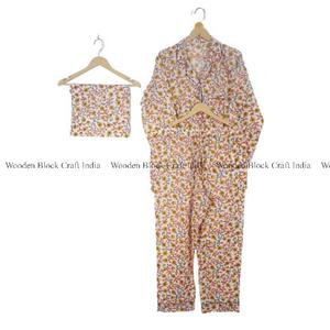 Ensemble de pyjama décontracté pour femmes, printemps, été, automne, à fleurs, col en V, en coton, taille élastique sur le devant, deux pièces, séchage rapide - Product Image 5