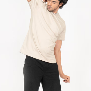 Men's Beige <b>Short</b> <b>Sleeve</b> O-Neck T-Shirt Regular Fit Casual Jersey Cotton Solid Color Plain Dyed Knitted Style - Product Image 2