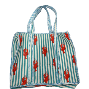 Premium Jaipur Block Print <b>Quilted</b> Cotton Tote Bag With Lobster Print Striped Design 18 X 18 Inches Machine Durable Shopping Bag - Product Image 1
