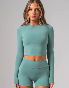 Conjunto de Yoga de 2 Piezas para Mujer, Top Corto de Manga Larga, Cintura Alta, Ajuste Ceñido, Deportivo, Transpirable, de Secado Rápido, Tejido de Spandex de Alta Calidad - Product Image 1