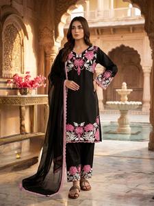 Black Floral Embroidered Cotton <b>Kurti</b> Women Traditional <b>Indian</b> Pakistani Outfit Loose Fit Ankle-Length Casual Wear - Product Image 2