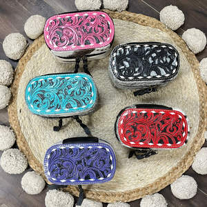 OEM Handmade Hand <b>Tooled</b> Leather Jewelry <b>Box</b> Cowhide Floral <b>Tooled</b> Travel Organizer Zipper <b>Storage</b> Case Western Gift for Women's - Product Image 4