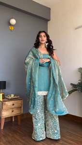 Designer Party Wear Thread And Sequence Work Fandy <b>Silk</b> Top With Plazzo And Fancy Dupatta Ready Made Suit Set - Product Image 1