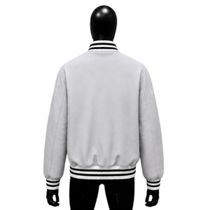 CASUAL LIGHT GREY STREETWEAR VARSITY <b>JACKET</b> FOR <b>MEN</b> <b>White</b> Stitching And Striped Trim Casual Autumn Wear SNAP BUTTON COMFORT FIT - Product Image 2