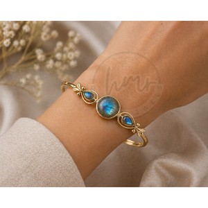 Natural Labradorite Gemstone Brass <b>Gold</b> Plated Bangle <b>Adjustable</b> Handmade Designer <b>Bracelet</b> for Women Wholesale - Product Image 2