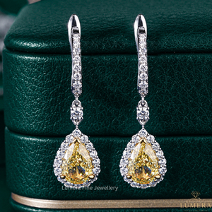 Fancy Yellow Pear Cut Lab Grown Diamond Dangle <b>Drop</b> Earrings Pave Lever <b>back</b> Halo Setting IGI Certified Gold Diamond Earrings - Product Image 1