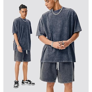 Men Gym Workout Acid Wash T Shirt Shorts <b>Set</b> Summer Casual 2 Piece Outfit Breathable Cotton Matching <b>Set</b> - Product Image 6