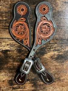Leather Horse Boot Spurs Brown Floral Tooling Blue Stitching for Western Riding Customized Size Premium Finish LC-365 Uttar - Product Image 1
