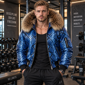 Chaqueta de Motociclista Premium para Hombre, de Cuero de Pitón Genuino, con Capucha de Piel de Zorro |   Chaqueta de cuero para hombre |   Chaqueta de Cuero para Hombre - Product Image 1