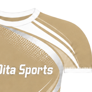 Maillot de compression athlétique à manches courtes beige et blanc personnalisé, col ras du cou, motif vague, pour entraînement de performance et sports nautiques - Product Image 4