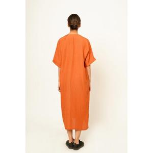 Robe tunique maxi en coton de haute qualité, col en V, manches courtes, couleur unie, respirante, avec poches, taille naturelle, style simple, toutes saisons - Product Image 2