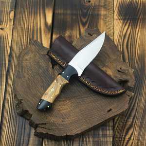 มีดสกินเนอร์ทำมือจากเหล็กกล้าไร้สนิม ใบมีดแบบ Fixed Blade ด้ามไม้  ปลายด้ามทำจากเขาสัตว์สีดำ พร้อมปลอกหนัง-OEM สำหรับกิจกรรมกลางแจ้ง ตั้งแคมป์ และเอาตัวรอด - Product Image 6