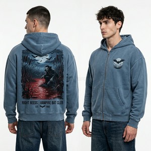 Sweat à capuche zippé pour homme, coupe oversize, bleu délavé vintage, avec broderie personnalisée motif chauve-souris et graphique floral, style streetwear, Factory - Product Image 3