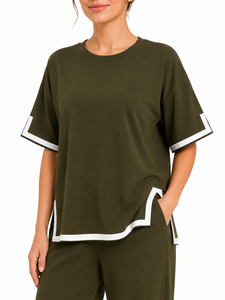 Ensemble coordonné vert olive pour femmes, t-shirt ample de qualité supérieure et pantalon large assorti, tenue décontractée élégante pour la nuit - Product Image 4