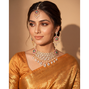 Indian Ethnic Jhanvi Moissanite Choker Necklace Set-Gold Plated Zircon Earring Set - Product Image 1